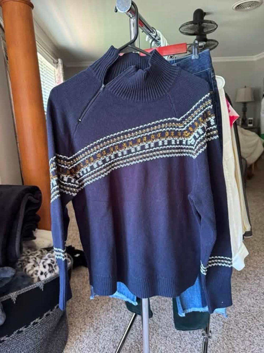 CAbi Navy Zip Mock Neck Sweater with Fair Isle Stripe